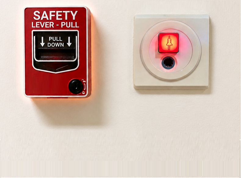 Fire pull station and hospital nurse call button on a white wall